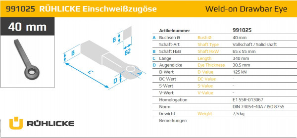 991025 40 mm Einschweißzugöse 65 x 55 Vollschaft
