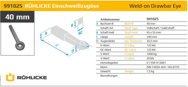 991025 40 mm Einschweißzugöse 65 x 55 Vollschaft