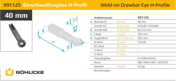 991125 40 mm Einschweißzugöse 65 x 55 mm H-Profil