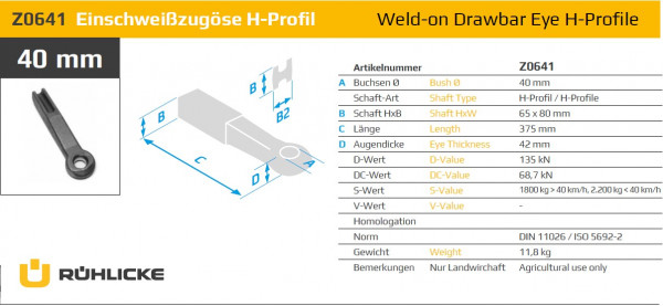 Z0641 Zugöse 64,5 mm x 80 mm H-Profil (geschlossene Buchse) 