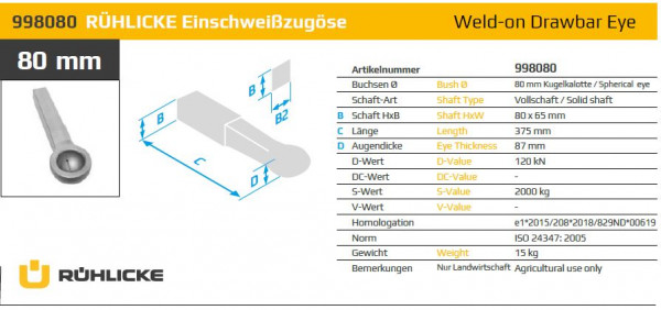 80 mm Kugelkalotte Einschweißzugöse 80 x 65 mm Vollschaft