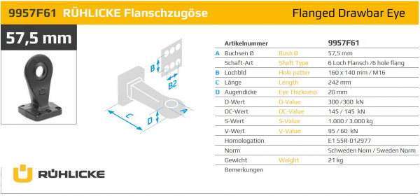 9957F61 57,5 mm Flanschzugöse 6-Loch 